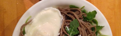 cold soba noodles with radishes, green onion, arugula, soba dipping sauce and poached egg